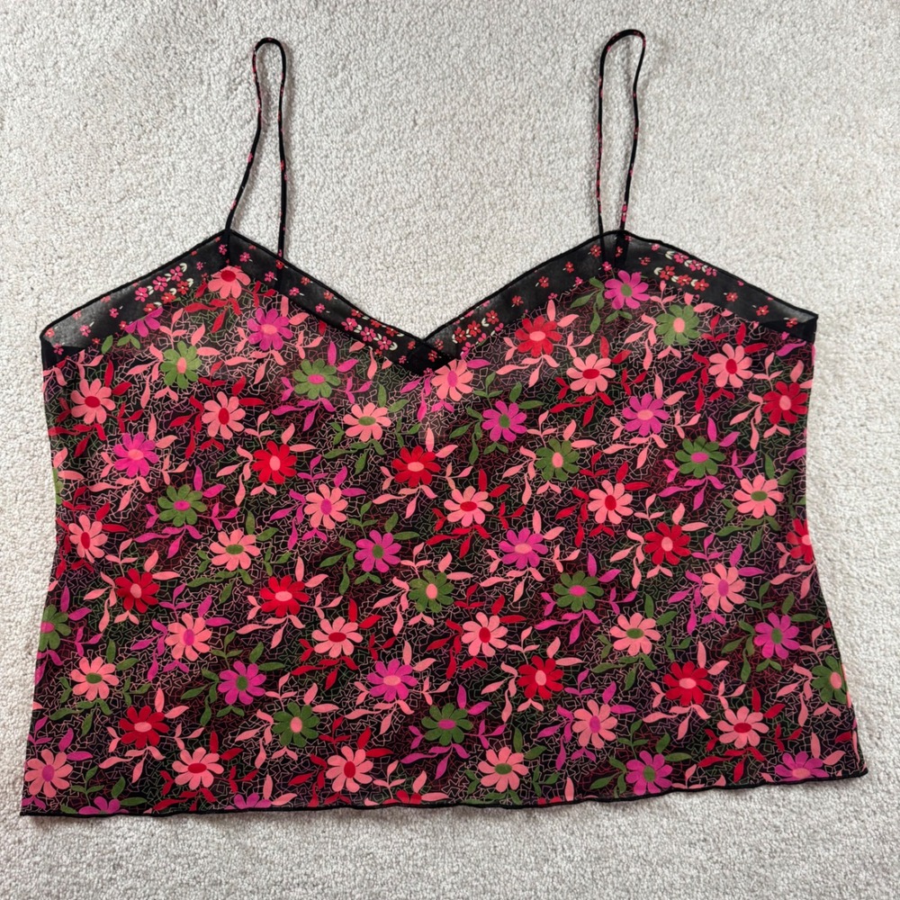 Josie by Natori Floral Mesh Cami Tank Top XL Black Pink Red U92641 Y2K Fairycore